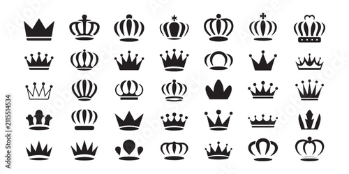Quadro su tela Large assortment of thirty-five black crown icons for graphic design and brandin