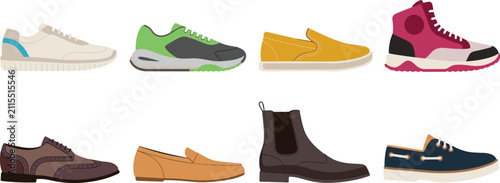 Quadro su tela Men Footwear Vector Icon Set Featuring Athletic Running Sneakers Slip Ons High T
