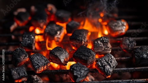 Burning charcoal briquettes on grill rack with intense orange flames close up view