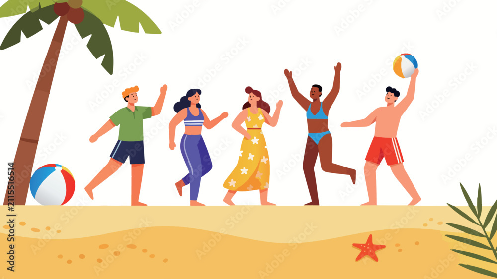 Obraz premium Group of friends having fun on the beach, summer vacation and sea illustration