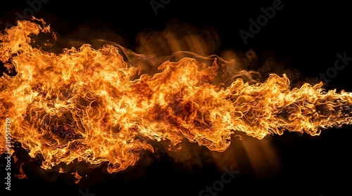 Intense Orange Fire Flame Stream Isolated on Black Background