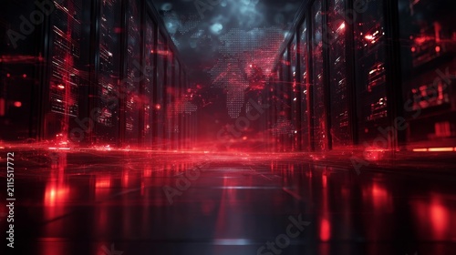 Abstract reflective tunnel road with intense red and blue neon lights creating a futuristic, digital atmosphere.