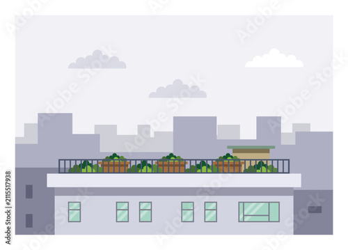 Garden rooftop with skyscraper building silhouette background. Simple flat illustration.
