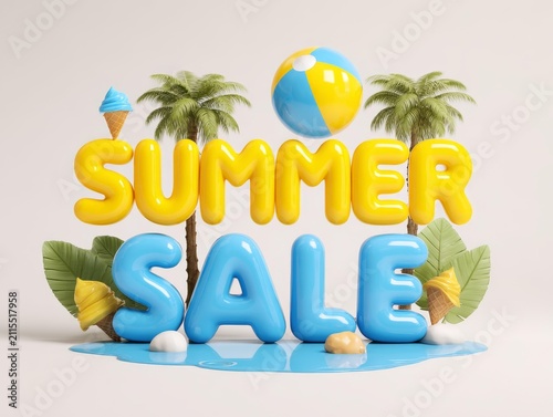 bright yellow and blue three-dimensional letters spell out summer sale with tropical elements like palm trees and ice cream