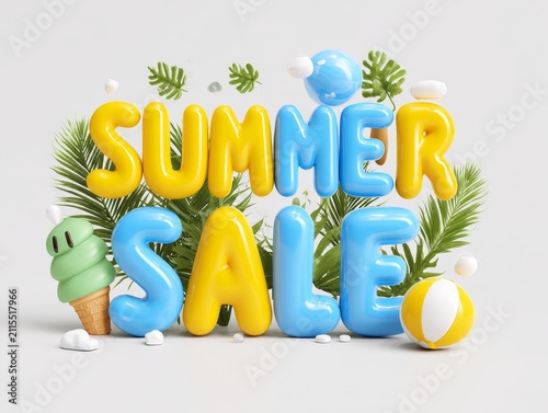 bright yellow and blue 3d letters spell the word summer surrounded by tropical leaves and decorative elements for a cheerful summer theme.