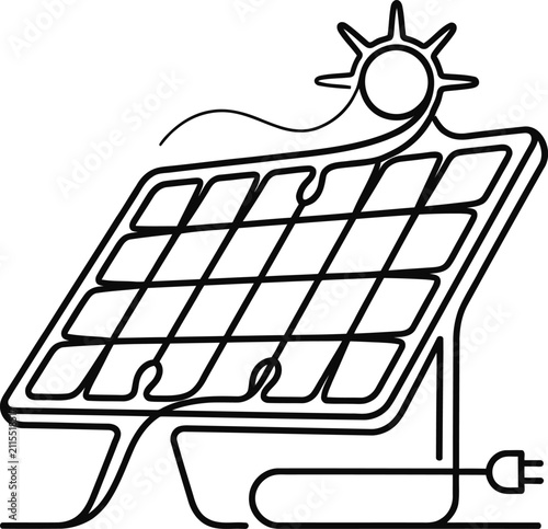Foto Continuous line art illustration of a solar panel connected to the sun