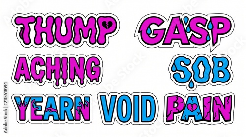 Set of expressive typographic stickers featuring emotional words like pain and sob in a vibrant Y2K pink and blue pop art style.
