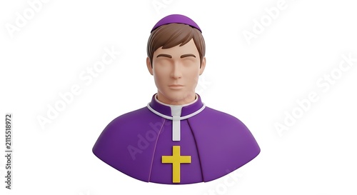 3d bust of a catholic priest wearing a purple cassock and a white clerical collar with a yellow cross pendant on a white background