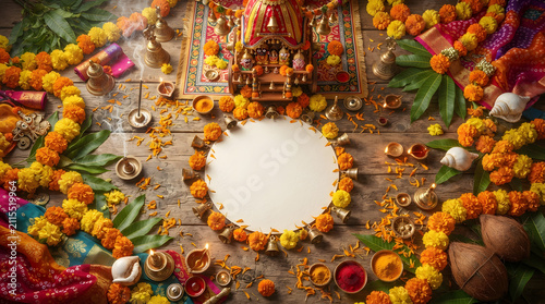 Traditional Indian Puja Thali with Marigold Garlands and Diyas.