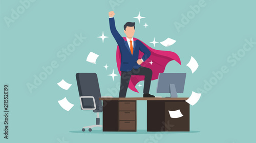 Принти на полотні Successful businessman in superhero cape triumphing at the office