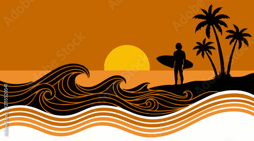 Graphic illustration of surfer at tropical beach sunset with waves and palm trees