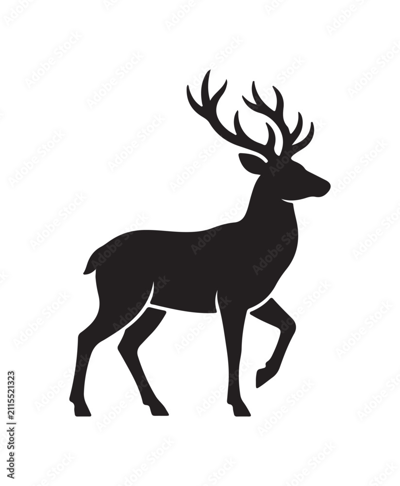 Obraz premium Majestic Male Deer Stag with Antlers Minimalist Black Silhouette Graphic High Contrast Isolated White Background for Wildlife Logo and Nature Design