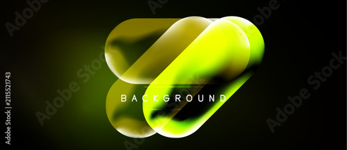 Abstract neon shapes overlap, creating vibrant yellow, green glow. Dark background emphasizes luminous design elements. Text reads BACKGROUND.