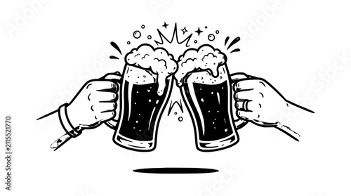 Hands clinking beer glasses toast set with cheerful celebration featuring beer mugs, golden ale, and foam bubbles with festive atmosphere and social gathering