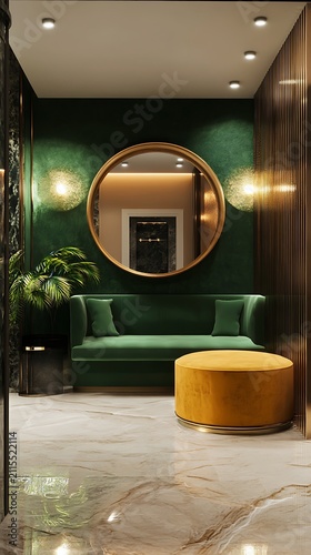 Luxury emerald green interior design with gold accents modern seating and marble flooring