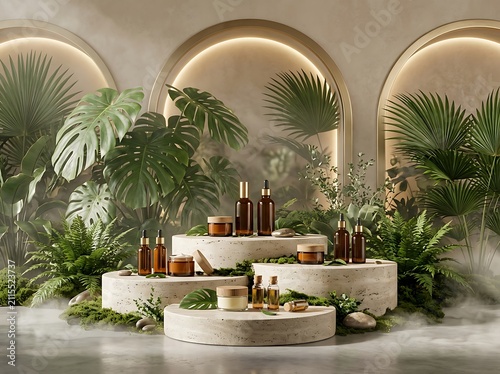 Natural skincare product display in tropical setting with skincare cosmetics tropical wellness