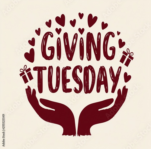 Minimalist two-color cream background with maroon Giving Tuesday hand-drawn text and cupped hands silhouette