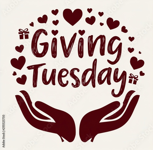 Minimalist two-color cream background with maroon Giving Tuesday hand-drawn text and cupped hands silhouette
