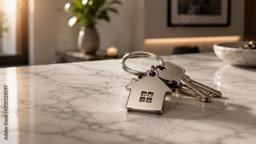 House key and property deed on marble countertop. Real estate ownership documents with modern home keychain for new homeowners.