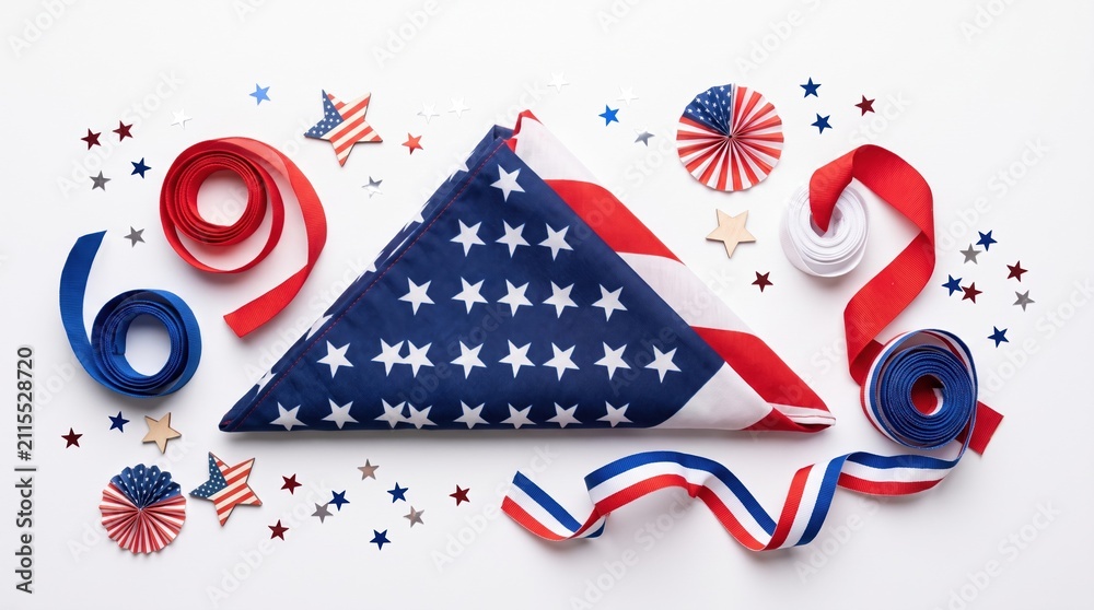 Obraz premium Folded American flag and red white and blue patriotic decorations