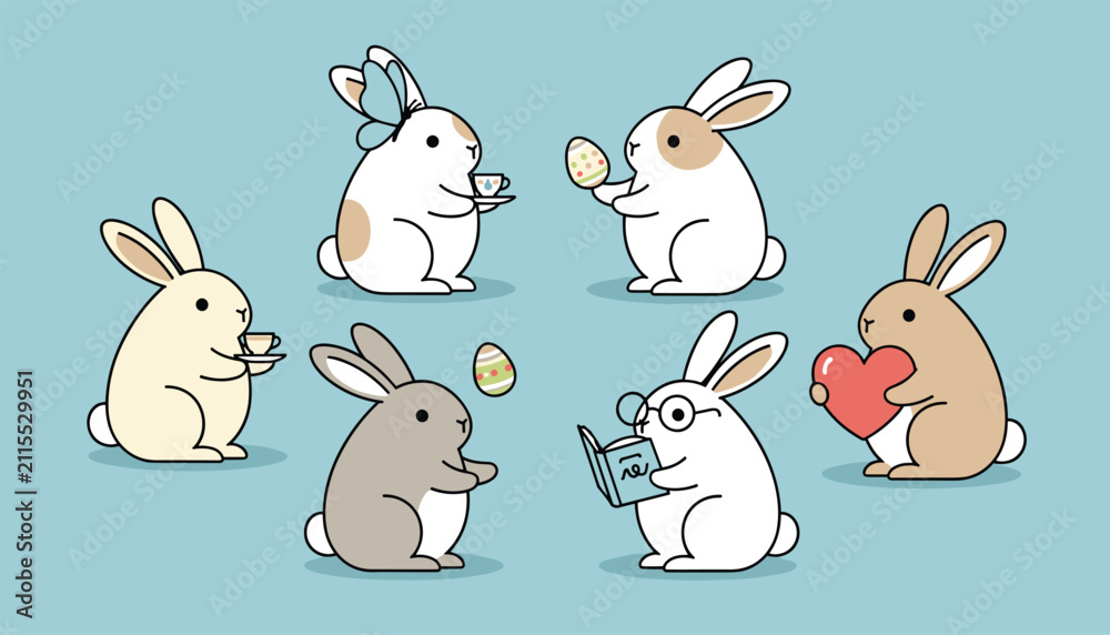 Fototapeta premium Delightful collection of six cute cartoon bunnies engaged in various playful activities like reading and tea party.