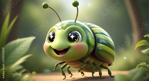 Enchanting 3D Render: Tiny Green Bug's Sparkly-Eyed Wonder in a Soft-Focus Forest Glow