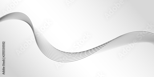 Abstract wave line art on grey light gradient background. Minimalist smooth dynamic curve lines texture for corporate banner, presentation or tech design