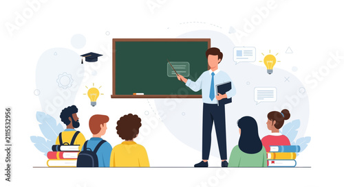 Teacher instructing diverse students in classroom with blackboard and books, representing education and learning concepts.
