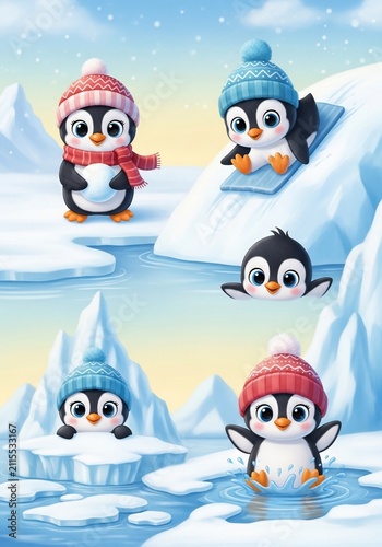 Charming cartoon penguins in snowy wonderland, playful winter scene, soft pastel hues, digital art.