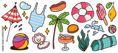 Cute Kawaii Summer Tropical Palm Tree and Beach Swimsuit Vector Elements Clipart