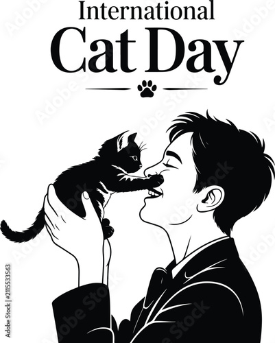International Cat Day 2026: Black and White Vector Line Art Illustration of a Smiling Man Holding and Kissing a Cute Kitten 