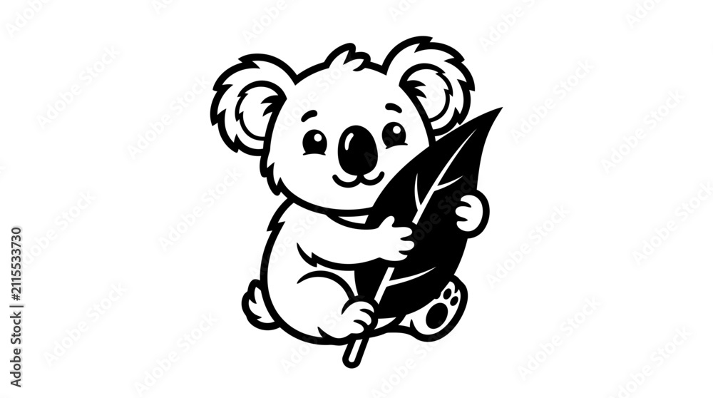 Fototapeta premium Cute koala hugging a leaf. Vector illustration of a baby animal character.
