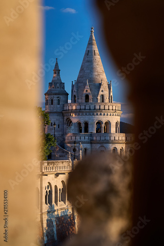Canvas Print Conical stone towers of Fisherman's Bastion at sunset, Buda Castle District, Bud