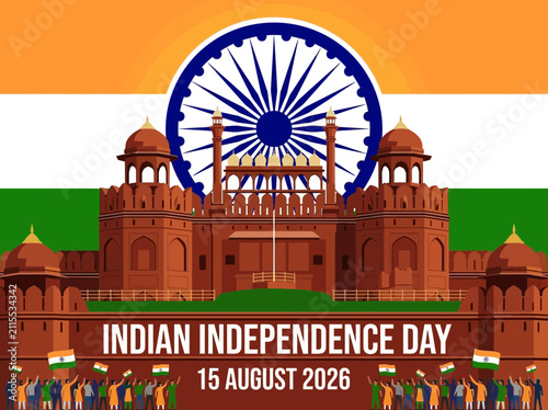 Indian Independence Day Celebration: Red Fort with Flag and Crowd