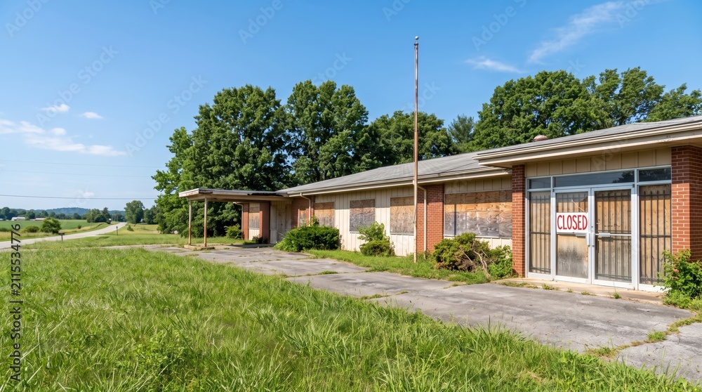 Fototapeta premium Exterior of a closed and boarded up rural hospital