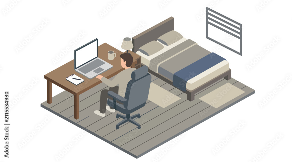 Naklejka premium Man working on laptop in bedroom isometric illustration