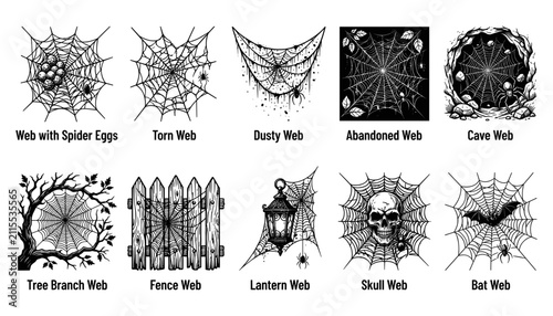 Foto Spider Web Icons Set with Spider Eggs Torn Dusty Abandoned Cave Tree Branch Fenc