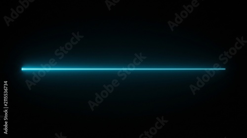 Cyan light beam cutting through darkness. Glowing horizontal laser line on black background.