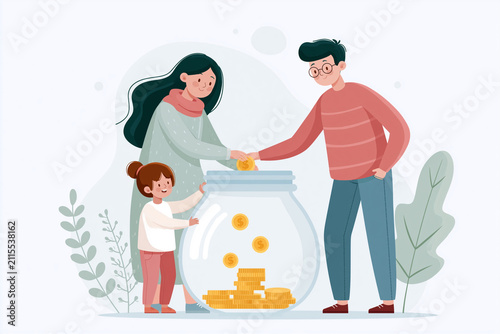 Family gathers coins into a glass jar. Parents and child share joyful moments. They smile, showing teamwork and care. The jar holds gold coins and stacks below. Perfect for budget, savings