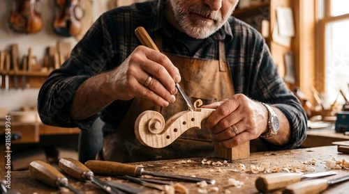 Senior luthier carving a violin scroll with a chisel in a traditional workshop.