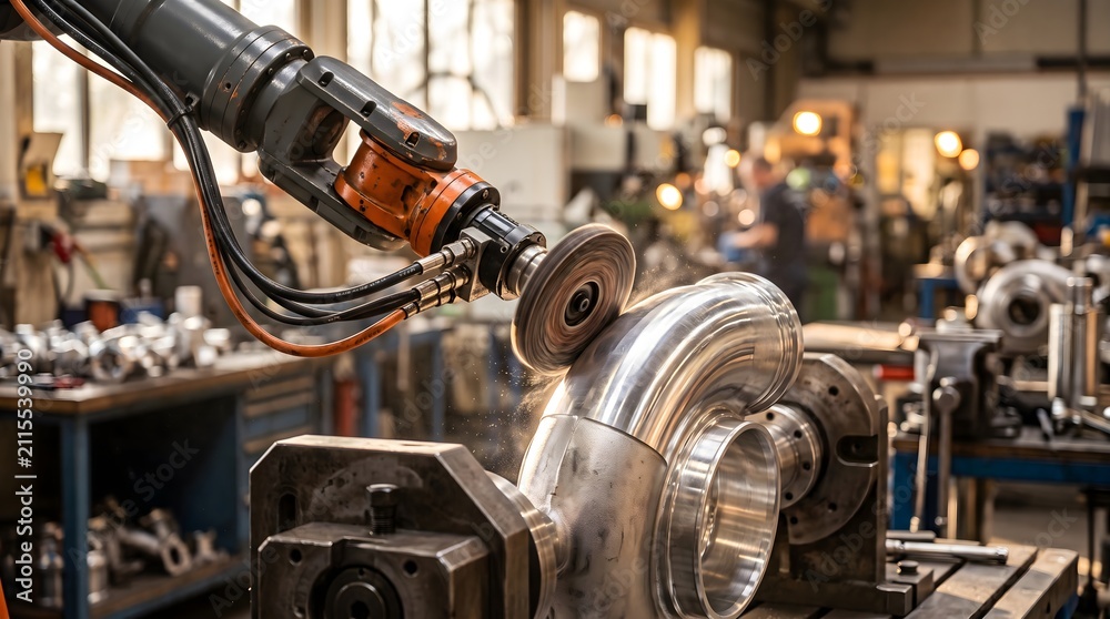 Fototapeta premium Robotic arm polishing a curved metal component in a manufacturing workshop.