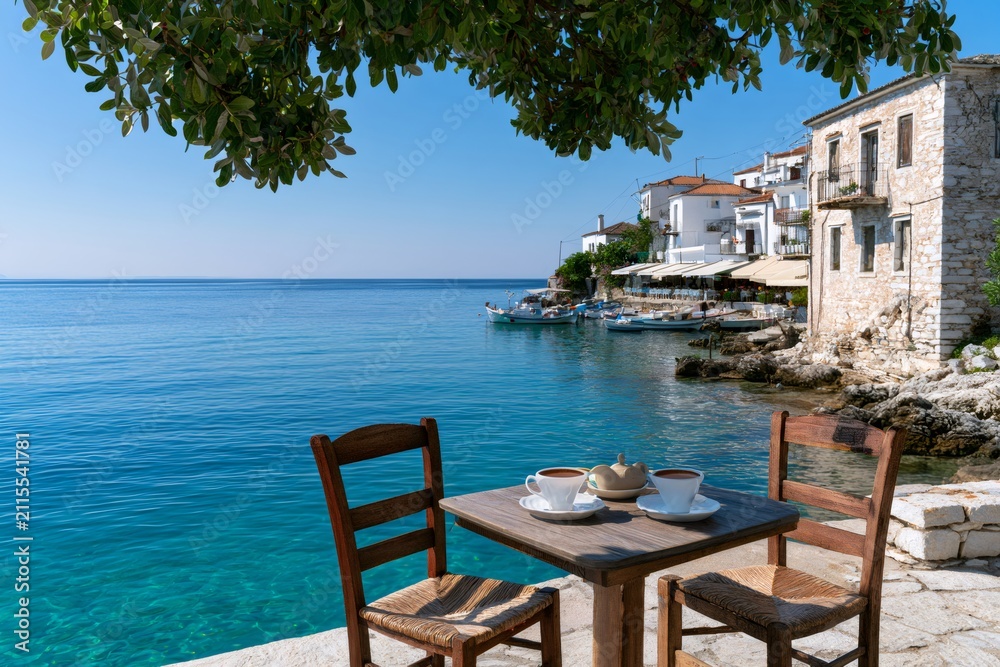 Fototapeta premium Seaside cafe table with coffee in Samos village