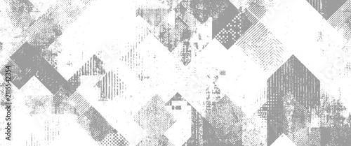 Gray geometric abstract pattern with distressed textures and halftone dots