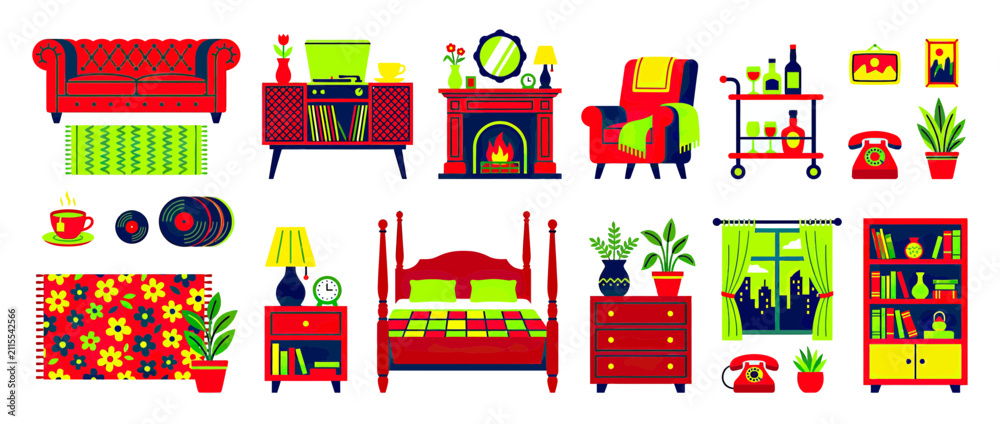 Naklejka premium Cozy Retro Home Interior Elements Collection