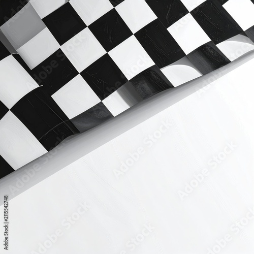 A close-up, abstract view of a waving black and white checkered flag against white