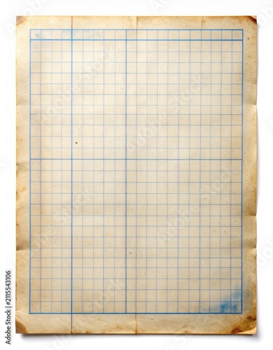 Aged grid paper with blue lines, yellowed, stained, and creased
