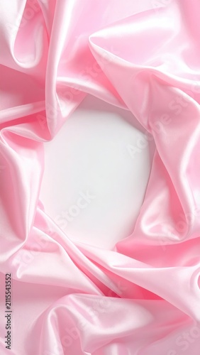 Soft pink satin fabric draped artfully, creating a gentle, flowing frame around a blank space