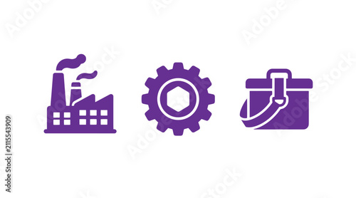 Industrial icon collection representing factory mechanical gear utility toolbox in purple flat graphic style industry mechanical manufacturing industrial engineering