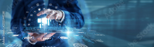 Foto Growth strategist hands holding tablet managing creative Digital Marketing promotional campaigns online
