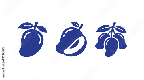 Set of three blue mango fruit icons showing whole and sliced versions with tropical illustration minimalist agriculture vegetarian ingredient botanical nutrition